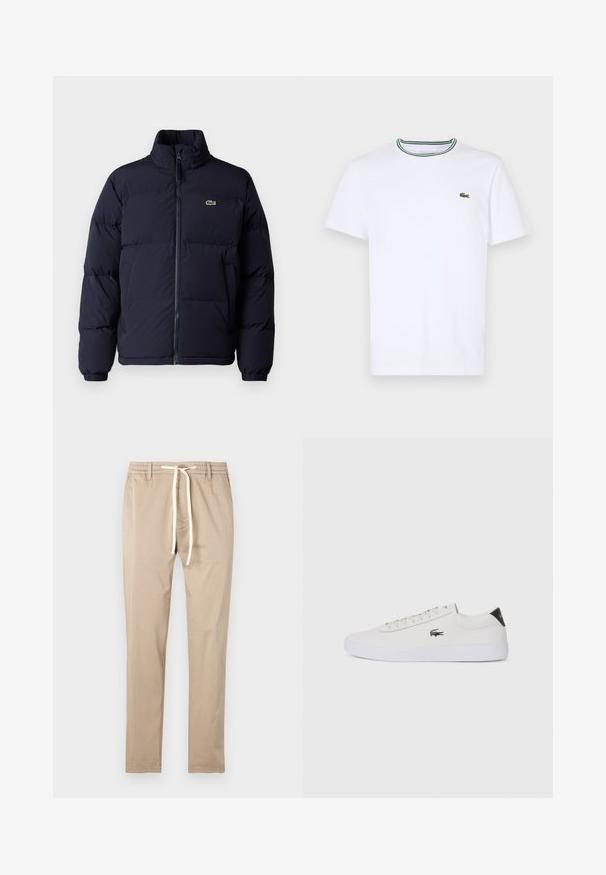 Jachetă puf navy blue cu guler înalt, închidere cu fermoar și manșete elastice. Prezintă un mic logo verde pe partea stângă a pieptului.; Tricou alb din bumbac cu mânecă scurtă, cu guler ribbed, având dungi verzi și negre; mic logo brodat verde pe partea stângă a pieptului.; Pantaloni bej din bumbac cu talie elastică, închidere cu șnur și croială dreaptă. Textură netedă, fără modele sau accente vizibile.; Tenis din piele albă cu vârf rotund, sistem de prindere cu șireturi în față și accent negru la călcâi. Are un mic logo brodat cu crocodil pe lateral.