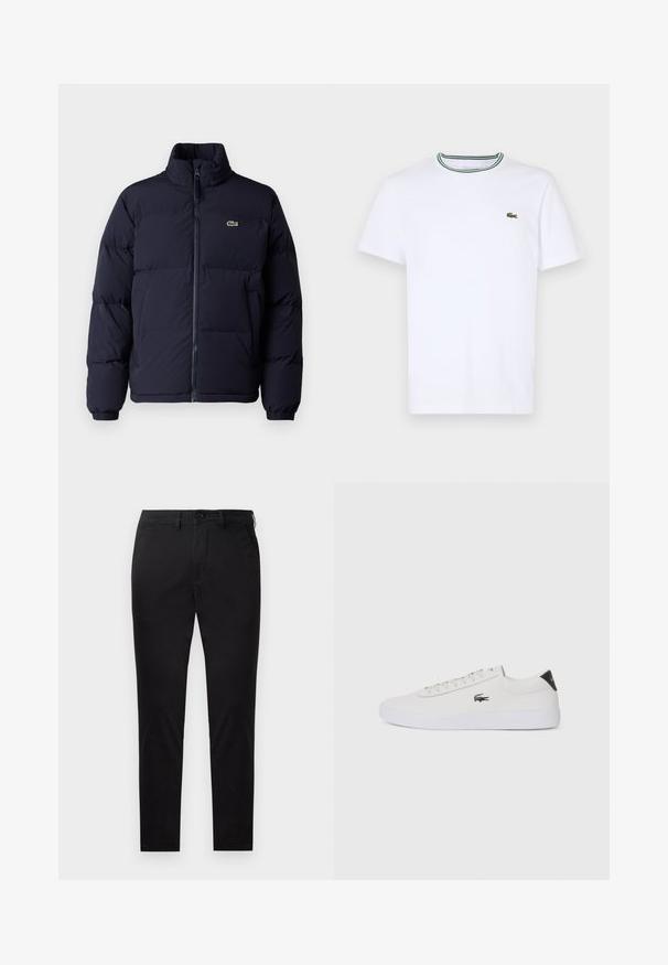 Sötétkék steppelt kabát magas gallérral, cipzáros záródással és elasztikus mandzsettákkal. A bal felső mellrészen egy kis zöld logó található.; Fehér pamut, rövid ujjú póló bordás gallérral, zöld és fekete csíkokkal; kis zöld hímzett logó a bal mellen.; Fekete chino nadrág sima anyagból, egyenes szabással. Elöl gombos záródással és oldalsó zsebekkel rendelkezik, tiszta, minimalista dizájnnal.; Fehér bőr sportcipő kerek orral, fűzős elülső résszel és fekete sarok akcentussal. Oldalán egy kis hímzett krokodil logóval rendelkezik.