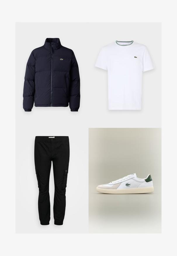 Tamsiai mėlynas pūkinis švarkas su aukštu kaklu, užtrauktuku ir elastingomis rankogaliais. Dominuoja mažas žalias logotipas kairiajame viršutiniame krūtinės kampelyje.; Balta medvilninė trumpo rankovės marškinėliai su įsiūtu apykakle, dekoruota žaliais ir juodais dryžiais; mažas žalias siuvinėtas logotipas kairėje krūtinės pusėje.; Juodi cargo kelnių modeliai su elastingu juosmeniu, siaurėjančiomis kojomis ir šoninėmis kišenėmis. Pagamintos iš lengvos medžiagos su lygia tekstūra.; Baltos sportbačiai su žaliais akcentais, pagaminti iš zomšos ir odos, su apvaliu nose, tekstūruotu padu ir siuvinėtu logotipu šone bei ant liežuvio.