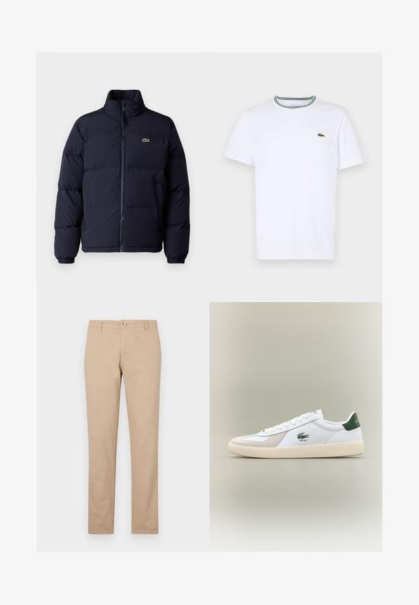 Tumedat sinine puffjaket kõrge krae, lukuga kinnine ja elastsete mansettidega. Üksikasjades on väike roheline logo vasakul rinnal.; Valge puuvillane lühikeste varrukatega T-särk, millel on ribitud krae ja rohelised ning mustad triibud; vasakul rinnal väike roheline tikandiga logo.; Beez värvi puuvillased püksid sirge jala lõikega, millel on ees nup closure, küljetaskud ja delikaatsed tekstuuri detailid.; Valged sneaks roheliste aktsentidega, nahast ja sametmaterjalidest, ümmarguse varbaga, tekstuuriga välistallaga ning tikandiga logo külje ja keele peal.