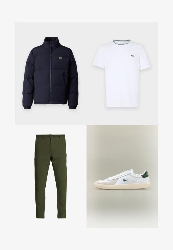 Mörkblå puffjacka med hög krage, dragkedjestängning och elastiska ärmmuddar. Har en liten grön logotyp på övre vänstra bröstet.; Vit bomullskortärmad T-shirt med ribbad krage som har gröna och svarta ränder; liten grön broderad logotyp på vänster bröst.; Olivegröna byxor med slim fit, tillverkade av ett slätt, hållbart tyg. Har dragkedja, knappstängning och vanliga fickor.; Vit sneaker med gröna Accenter, material av mocka och läder, rundad tå, texturerad sula och broderad logotyp på sidan och plösen.
