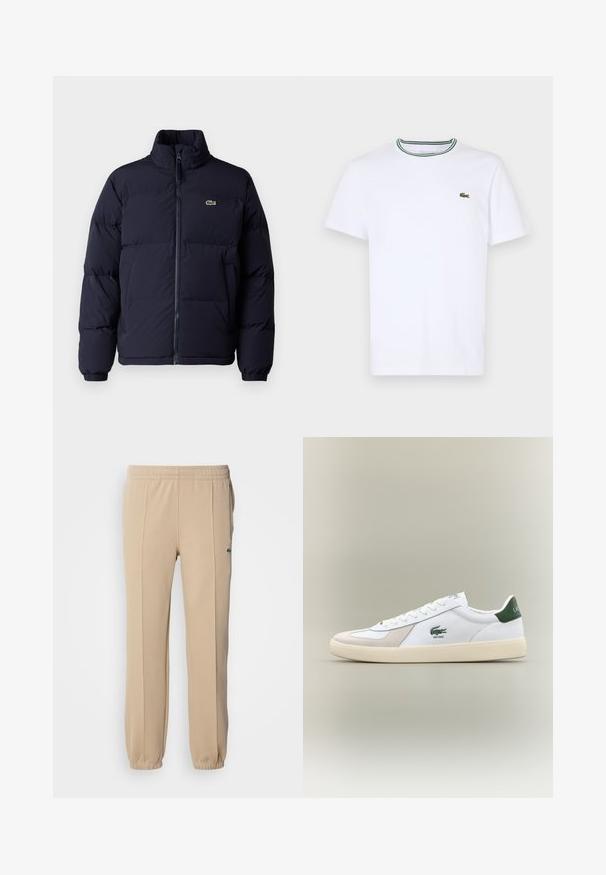 Casaco puffer azul-marinho com um colarinho alto, fecho de zíper e punhos elásticos. Apresenta um pequeno logótipo verde no lado superior esquerdo do peito.; T-shirt branco de algodão de mangas curtas com colarinho canelado, apresentando riscas verdes e pretas; pequeno logotipo verde bordado no lado esquerdo do peito.; Lacoste Calças de fato de treino - viennese; Sapatilha branca com pormenores verdes, materiais em camurça e pele, bico arredondado, sola texturizada e logótipo bordado na lateral e na língua.