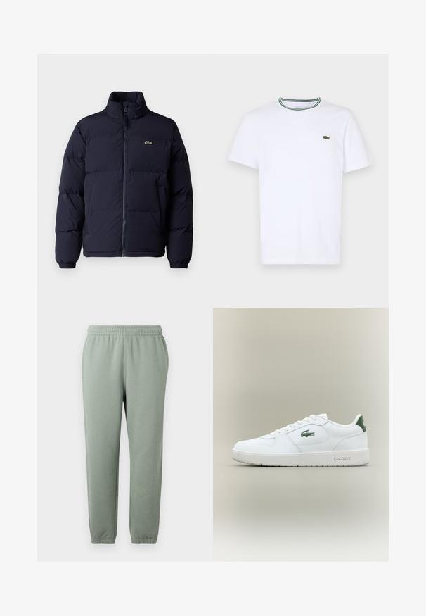 Tamsiai mėlynas pūkinis švarkas su aukštu kaklu, užtrauktuku ir elastingomis rankogaliais. Dominuoja mažas žalias logotipas kairiajame viršutiniame krūtinės kampelyje.; Balta medvilninė trumpo rankovės marškinėliai su įsiūtu apykakle, dekoruota žaliais ir juodais dryžiais; mažas žalias siuvinėtas logotipas kairėje krūtinės pusėje.; Šviesiai žalieji sportiniai džinsai su elastinga juosmens juosta, siaurėjančiomis kojomis ir apgalvotais kulkšnies kraštai. Pagaminti iš minkštos, lengvos medžiagos.; Balti odiniai sportbačiai su lygiu paviršiumi, žaliais akcentais ant kulno ir žalia logotipu šone. Siūlo plokščią pado struktūrą ir apvalią nosį.