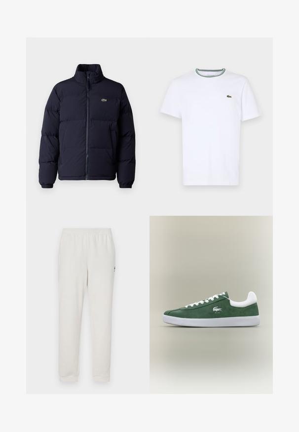 Tamsiai mėlynas pūkinis švarkas su aukštu kaklu, užtrauktuku ir elastingomis rankogaliais. Dominuoja mažas žalias logotipas kairiajame viršutiniame krūtinės kampelyje.; Balta medvilninė trumpo rankovės marškinėliai su įsiūtu apykakle, dekoruota žaliais ir juodais dryžiais; mažas žalias siuvinėtas logotipas kairėje krūtinės pusėje.; Kreminės spalvos džinsai su elastine juosmena, siaurėjančiomis kojomis ir mažu logotipu kairėje šlaunyje. Minkšta medžiagos tekstūra, minimalus dizainas.; Žemas profilio žalias deineris su baltomis raištelėmis, baltu padu, paminkštintu kulkšnies apvadu ir siuvinėjamu krokodilo logotipu su tekstu "EST. 1933".