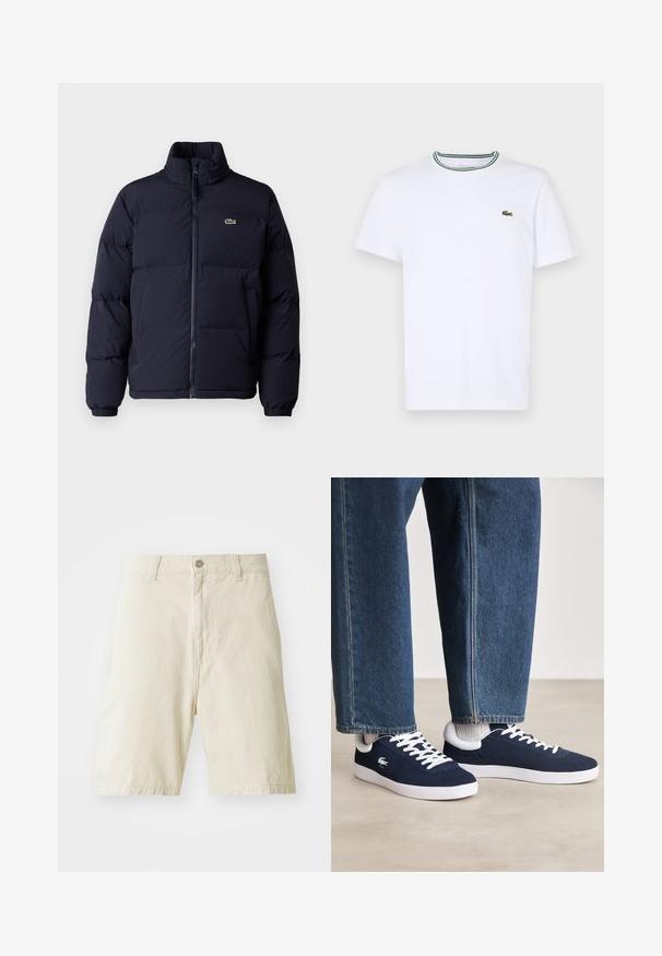 Navy blue puffer jacket with a high collar, zip closure, and elastic cuffs. Features a small green logo on the upper left chest.; White cotton short-sleeve T-shirt with a ribbed collar featuring green and black stripes; small green embroidered logo on left chest.; Beige cotton shorts with a straight cut, a button and zip closure, two front pockets, and a plain texture. No visible patterns or accents.; Blue canvas sneakers with white laces and rubber soles, displayed with denim trousers and grey ribbed socks, on a light grey surface.