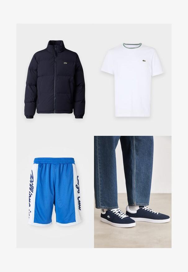 Jachetă puf navy blue cu guler înalt, închidere cu fermoar și manșete elastice. Prezintă un mic logo verde pe partea stângă a pieptului.; Tricou alb din bumbac cu mânecă scurtă, cu guler ribbed, având dungi verzi și negre; mic logo brodat verde pe partea stângă a pieptului.; Șorturi atletice din plasă albastră, cu un talie elastică, având panouri laterale albe și detalii cu litere negre pe ambele părți.; Tenisi din pânză albaștri cu șireturi albe și tălpi din cauciuc, expuși alături de pantaloni din denim și șosete gri cu dungi, pe o suprafață gri deschis.