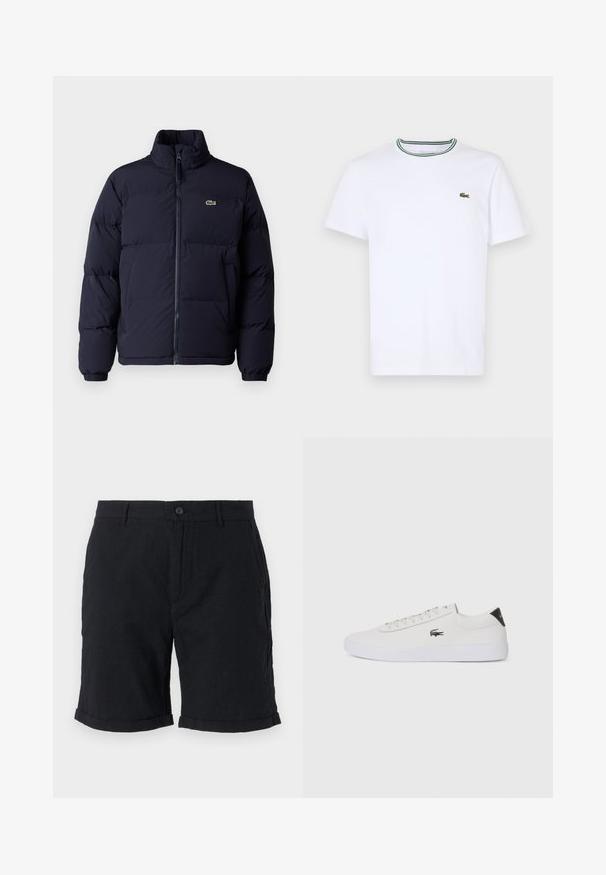 Ναυτικό μπλε μπουφάν με επένδυση, ψηλό γιακά, κλείσιμο με φερμουάρ και ελαστικούς μανσέτες. Διαθέτει μικρό πράσινο λογότυπο στην επάνω αριστερή πλευρά του στήθους.; Λευκό κοντομάνικο μπλουζάκι φτιαγμένο από βαμβάκι με rib κολάρο που διαθέτει πράσινες και μαύρες ρίγες; μικρό πράσινο κεντητό λογότυπο στην αριστερή πλευρά του στήθους.; Μαύρες λινές σορτς με κλείσιμο από κουμπί, διαθέτοντας κυλιόμενα τελειώματα και πλαϊνές τσέπες, προσφέροντας υφή και ατημέλητο σχεδιασμό.; Λευκό δερμάτινο sneakers με στρογγυλή μύτη, κορδόνια μπροστά και μαύρη λεπτομέρεια στη φτέρνα. Διαθέτει ένα μικρό κεντημένο λογότυπο κροκοδείλου στο πλάι.