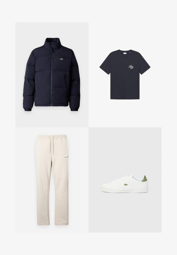 Námornícka modrá puffová bunda s vysokým golierom, zipsom a elastickými manžetami. Obsahuje malé zelené logo na hornej ľavej časti hrudi.; Námornícky modré bavlnené tričko s okrúhlym výstrihom, krátkymi rukávmi a malým bielym logom "LD" na ľavom hrudníku. Klasický široký strih.; Béžové tepláky vyrobené z mäkkého materiálu, s elastickým pásom so šnúrkou, rovnými nohavicami a malým modrým logom.; Biele tenisky s hladkým povrchom, s zeleným akcentom na päte a malým vyšitým logom krokodíla na boku.