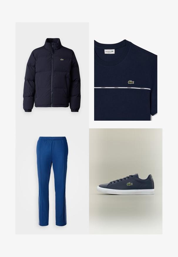Tumedat sinine puffjaket kõrge krae, lukuga kinnine ja elastsete mansettidega. Üksikasjades on väike roheline logo vasakul rinnal.; Tumed puuvillane T-särk ümmarguse kaelusega, millel on valge triip ja "LACOSTE" bränding, ning rindkere peal väike roheline krokodillilogoga.; Lacoste Dresside alumine osa - globe; Tumed sinine madala lõikega spordijalats valge sisetallaga, paeltega esiosa ja rohelise krokodilli logoga küljel.