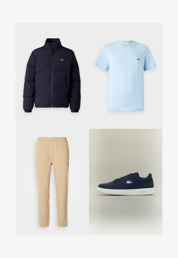 Navy blue puffer jacket with a high collar, zip closure, and elastic cuffs. Features a small green logo on the upper left chest.; Light blue cotton t-shirt with short sleeves, a crew neck featuring a green and white striped trim, and a small embroidered logo on the chest.; Beige cotton sweatpants with an elastic waistband, tapered leg, and side embroidery detail, featuring a soft texture and simple design.; Navy blue sneaker made of smooth synthetic material, featuring white rubber sole, lace-up design, and Lacoste crocodile logo on the side.