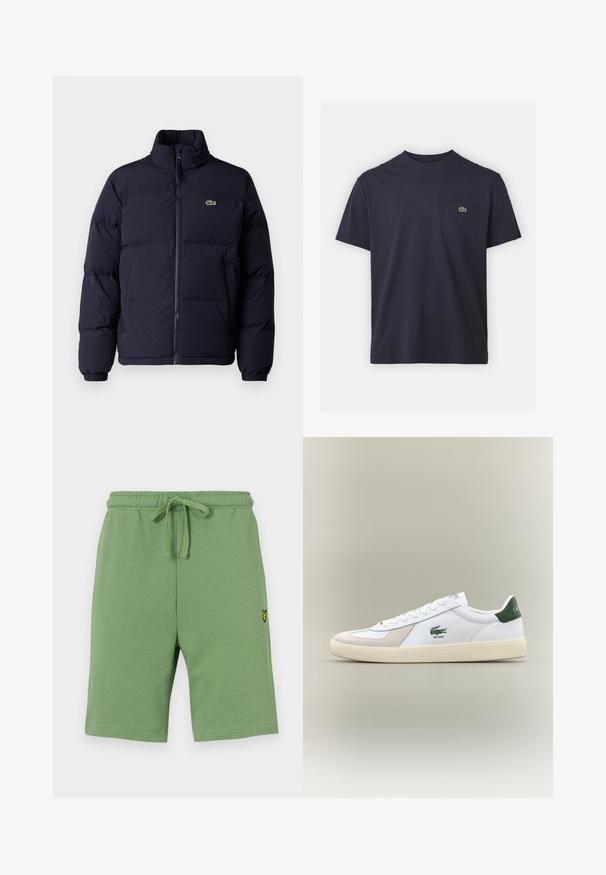 Námornícka modrá puffová bunda s vysokým golierom, zipsom a elastickými manžetami. Obsahuje malé zelené logo na hornej ľavej časti hrudi.; Námornícky modré bavlnené tričko s okrúhlym výstrihom a krátkymi rukávmi. Obsahuje malé zelené logo na ľavej strane vrecka na prsiach. Mäkká textúra.; Zelené bavlnené šortky s elastickým pásom a nastaviteľnou šnúrkou na struhu. Obsahujú malé žlté vyšívané logo na ľavej strane.; Biele tenisky s zelenými akcentmi, vyrobené z semišu a kože, s guľatou špičkou, textúrovanou podrážkou a vyšitým logom na boku a jazyku.