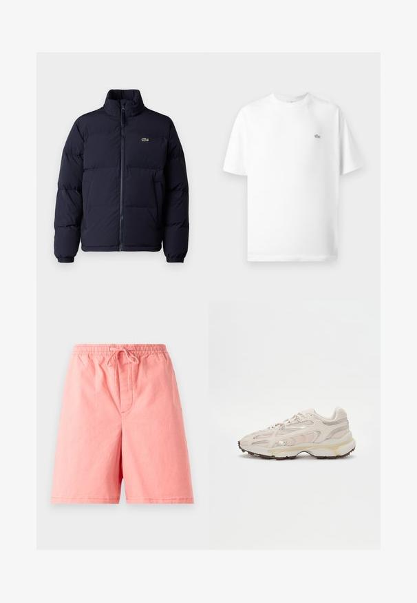 Meren värinen pumpattu takki korkealla kauluksella, vetoketjulla ja elastisilla hihansuilla. Takissa on pieni vihreä logo vasemmassa rintataskussa.; Valkoinen puuvillapaita, jossa on pyöreä kaula-aukko ja lyhyet hihat. Vasemmassa rinnassa on pieni musta Lacoste-logo.; Vaaleanpunaiset puuvillashortsit, joissa on joustava vyötärönyöri ja vetoketju, sekä yksi etutasku, jossa on ommeltu sauma.; Vaaleanbeige urheilujalkine, jossa on verkkopainepinta, tekstuuriset yksityiskohdat ja kultaiset yksityiskohdat. Varustettu paksulla valkoisella välipohjalla ja kumipohjalla.
