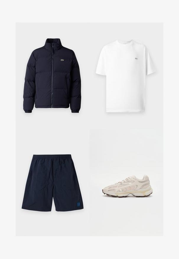 Mørkeblå puffjakke med høj krave, lynlås lukning og elastiske manchetter. Har et lille grønt logo på øverste venstre bryst.; Hvid bomulds t-shirt med rund hals og korte ærmer. Har et lille sort Lacoste-logo på venstre side af brystet.; Marineblå shorts lavet af letvægtsmateriale med en elastisk talje og et lille firkantet GAP-logo nederst til højre.; Lys beige sportsko med mesh-overdel, teksturerede accenter og guld detaljer. Har en tyk hvid mellemsål og gummisål.