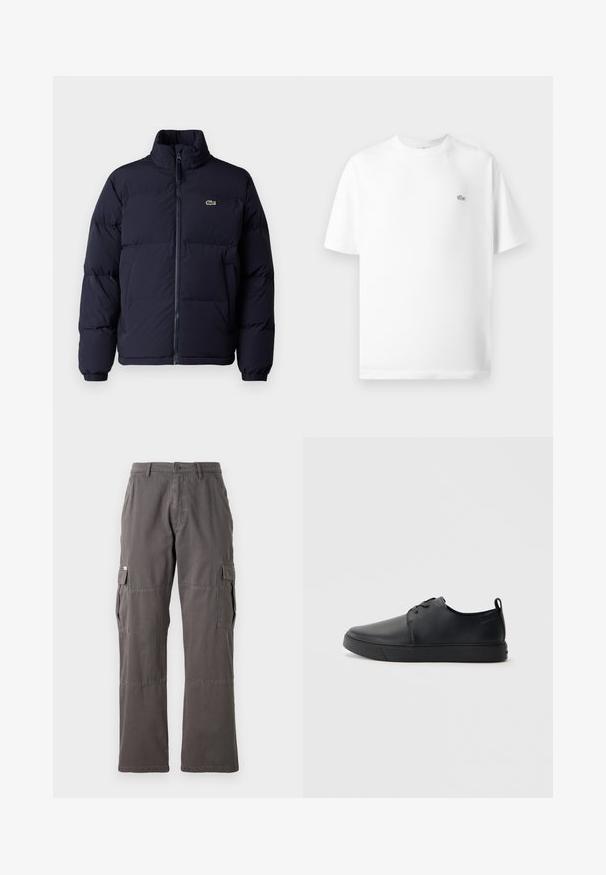 Mörkblå puffjacka med hög krage, dragkedjestängning och elastiska ärmmuddar. Har en liten grön logotyp på övre vänstra bröstet.; Vit bomull t-shirt med rund hals och korta ärmar. Har en liten svart Lacoste-logotyp på vänster sida av bröstet.; Grå cargobyxor med rak ben design, som har flera sidofickor och en knappstängning i midjan. Tillverkade av hållbart tyg.; Svart lädersneaker med en slät yta, rund tå, tonad sömnad, snörning framtill och en platt gummisula. Ögla vid hälen.