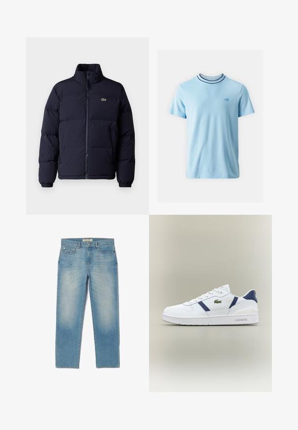 Jachetă puf navy blue cu guler înalt, închidere cu fermoar și manșete elastice. Prezintă un mic logo verde pe partea stângă a pieptului.; Lacoste Tricou basic - overview; Jeans din denim bleu deschis cu un design drept, cinci buzunare și o nuanță ușor decolorată. Prezintă accesorii din argint și o etichetă de brad pe talie.; Sneaker alb Lacoste cu accente albastre navy, logo în formă de crocodil verde, design cu șireturi și talpă branduită pe un fundal neutral.