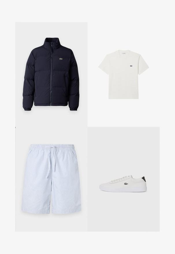 Navy blue puffer jacket with a high collar, zip closure, and elastic cuffs. Features a small green logo on the upper left chest.; White cotton t-shirt with short sleeves and a crew neckline. Features a small, embroidered Lacoste logo on the left chest.; Blue and white striped swim shorts made of lightweight fabric, featuring an elastic waistband with a drawstring and side pockets.; White leather sneaker with round toe, lace-up front, and black heel accent. Features a small embroidered crocodile logo on the side.