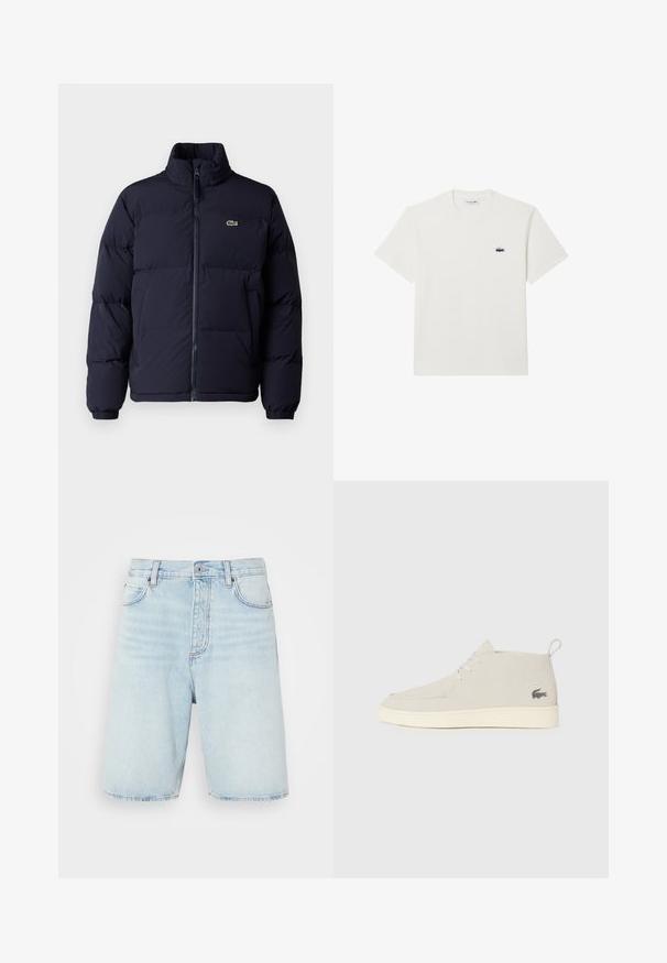 Giacca piumino blu navy con collo alto, chiusura con zip e polsini elasticizzati. Presenta un piccolo logo verde sul lato sinistro del petto.; T-shirt bianco in cotone con maniche corte e scollatura a girocollo. Presenta un piccolo logo ricamato di Lacoste sul lato sinistro del petto.; Shorts in denim azzurro chiaro con vita alta, chiusura con bottone e stile a cinque tasche. Presentano un leggero sbiadimento e un taglio dritto.; Stivali alla caviglia in suede grigio chiaro con punta rotonda, suola in gomma bianca e un sottile dettaglio del logo sul lato. Presentano una chiusura con lacci.