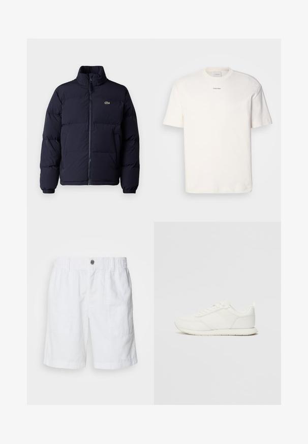 Tums zila pūkaini jaka ar augstu apkakli, ar rāvējslēdzēju un elastīgām piedurknēm. Pieder neliela zaļa logo augšējā kreisajā krūtīs.; Balta kokvilnas T-kreklu ar apaļu kaklu, īsām piedurknēm un izšūtu "Calvin Klein" logotipu krūšu centrā. Vienkāršs dizains.; Baltas linu šorti ar elastīgu jostasvietu un metālu pogu. Iespējas divas sānu kabatas un brīva piegriezuma dizains.; Baltie sporta apavi ar mežģīņu un sintētisko augšdaļu, apaļu purngalu, plakanu mežģīņu un teksturētu sānu joslu. Gumijas zole ar cilpu aizmugurē.