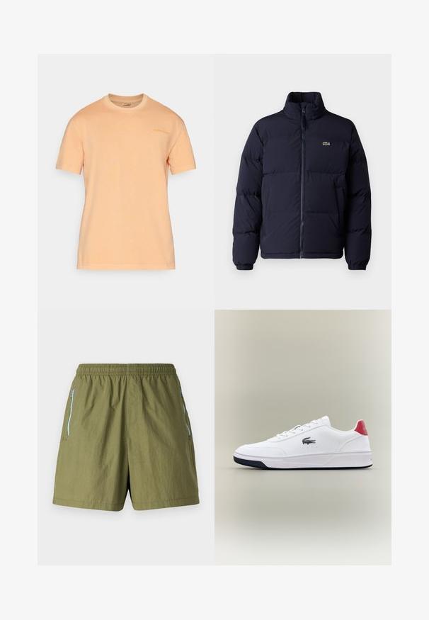 Tamnoplavi zimski kaput sa visokim ovratnikom, zatvaranjem na zip i elastičnim manžetama. Ima mali zeleni logo na gornjem lijevom dijelu prsiju.; Pamučna majica kratkih rukava u svijetloj b breskvastoj boji, s okruglim izrezom i suptilnim logotipom otisnutim na prsima, s mekom, glatkom teksturom.; Maslinasto zelene kratke hlače s elastičnom trakom u struku, bočnim nitnim džepovima i laganom, teksturiranom tkaninom.; Bijele sintetičke tenisice s niskim profilom, vezanjem i gumenim plavim potplatom. Imaju crveni detalj na peti i izvezeni logo.