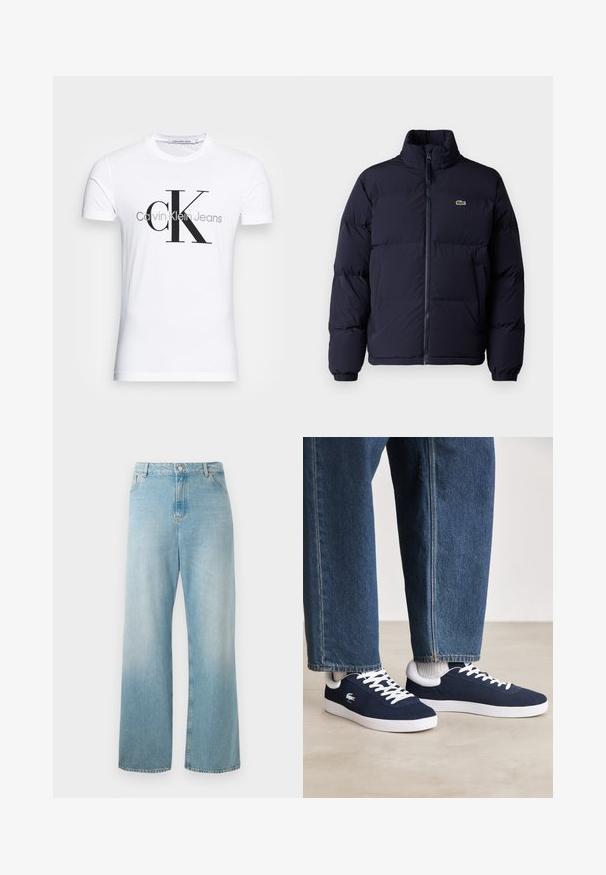Casaco puffer azul-marinho com um colarinho alto, fecho de zíper e punhos elásticos. Apresenta um pequeno logótipo verde no lado superior esquerdo do peito.; T-shirt de algodão branco com um logotipo preto "CK" e o texto "Calvin Klein Jeans", com mangas curtas e um decote redondo clássico.; Casacos de ganga de perna larga, azul claro. Apresenta uma cintura alta, bolsos frontais e uma bainha limpa. Textura suave com um acabamento desbotado.; Sapatilhas de tela azuis com atacadores brancos e solas de borracha, exibidas com calças de ganga e meios cinza canelados, sobre uma superfície cinza clara.