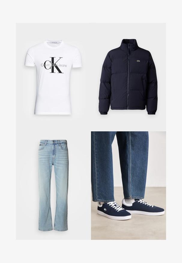 Marineblauer Daunenjacke mit hohem Kragen, Reißverschluss und elastischen Bündchen. Auf der oberen linken Brust befindet sich ein kleines grünes Logo.; Weißes Baumwoll-T-Shirt mit schwarzem "CK"-Logo und dem Text "Calvin Klein Jeans", kurzen Ärmeln und einem klassischen Rundhalsausschnitt.; Hellblaue Jeans aus Denim mit geradem Bein, ausgestattet mit fünf Taschen, einem Knopfverschluss und subtilen Verwaschungen im Stoff.; Blaue Leinenschuhe mit weißen Schnürsenkeln und Gummisohlen, präsentiert mit Jeanshosen und grauen gerippten Socken, auf einer hellgrauen Fläche.