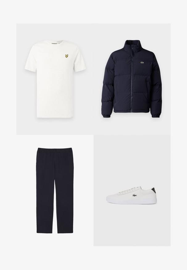 Tamsiai mėlynas pūkinis švarkas su aukštu kaklu, užtrauktuku ir elastingomis rankogaliais. Dominuoja mažas žalias logotipas kairiajame viršutiniame krūtinės kampelyje.; Balti trumpomis rankovėmis medvilniniai marškinėliai su geltono siuvinėto paukščio logotipu kairėje krūtinės pusėje. Paprastas, apvalios iškirptės dizainas.; Lacoste Kelnės - bleu marine hde; Balti odiniai sportbačiai su apvalia nosimi, raištelių užsegimu priekyje ir juodu akcentu ant kulno. Šone yra mažas išsiuvinėtas krokodilo logotipas.