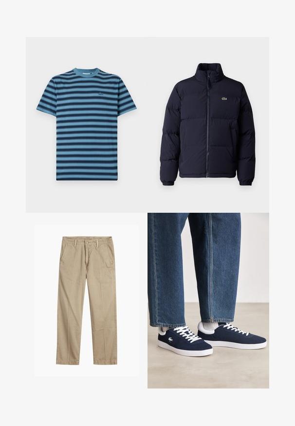 Tums zila pūkaini jaka ar augstu apkakli, ar rāvējslēdzēju un elastīgām piedurknēm. Pieder neliela zaļa logo augšējā kreisajā krūtīs.; Zila un tirkīza svītrota īsās piedurknes t-krekls, ar ribotu apaļu kakla izgriezumu un mazu izšūtu logotipu kreisajā krūtīs. Gluda tekstūra.; Beigās taisnās kājas chinos bikses ar jostas cilpām, priekšējo pogu un rāvējslēdzēja aizdari, kā arī slīpām priekšējām kabatām.; Zili auduma sporta apavi ar baltām stīgām un gumijas zolēm, izlikti kopā ar džinsiem un pelēkām ribotām zeķēm, uz gaiši pelēka pamata.