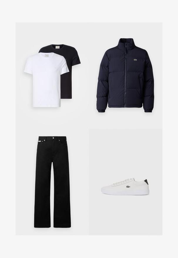 Tamnoplavi zimski kaput sa visokim ovratnikom, zatvaranjem na zip i elastičnim manžetama. Ima mali zeleni logo na gornjem lijevom dijelu prsiju.; Dva majica s okruglim izrezom, jedna bijela i jedna crna, napravljena od mekog pamuka. Obje imaju jednostavan dizajn i mali logotip na prsima.; Crne traperice širokog kroja, s pet džepova i metalnim dugmadi. Glatka tekstura, bez vidljivih uzoraka.; Bijele kožne tenisice s okruglim vrhom, vezanjem sprijeda i crnim detaljem na peti. Imaju mali izvezeni logotip krokodila s bočne strane.