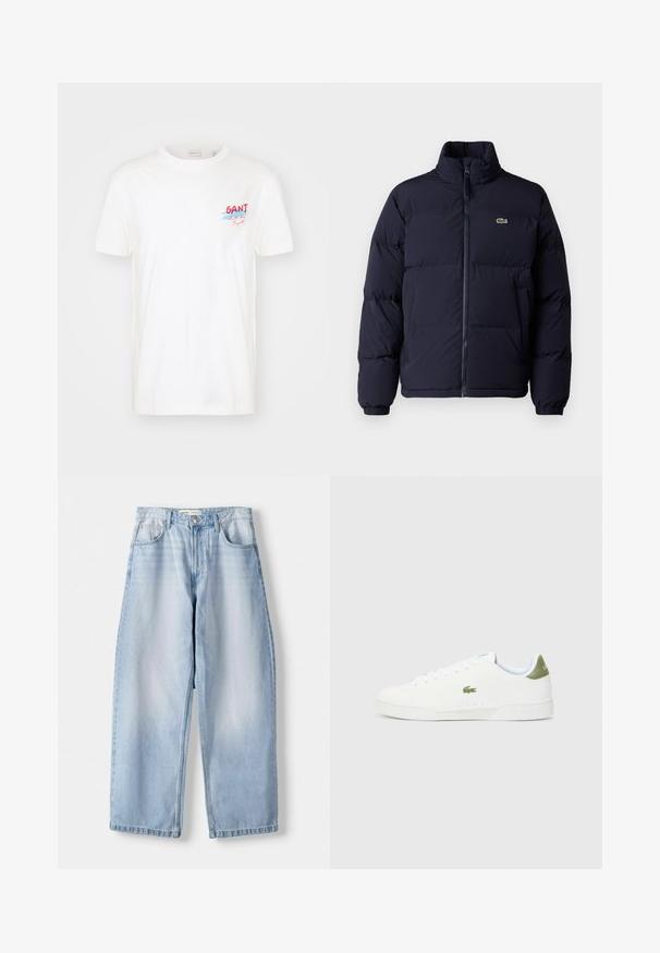 Navyblauwe pufferjack met een hoge kraag, ritssluiting en elastische manchetten. Heeft een klein groen logo op de linker bovenborst.; Witte katoenen T-shirt met korte mouwen, een ronde hals en een kleurrijk "GANT" logo met blauwe en rode accenten op de borst.; Lichtblauwe denim wijdvallende jeans met een middelhoge taille, vijf zakken, en subtiele vervaging; afgewerkt met een rechte zoom en riemlussen.; Witte sneakers met een gladde textuur, voorzien van een groene accent bij de hiel en een klein geborduurd krokodillenlogo aan de zijkant.