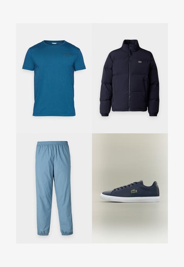 Abrigo puffer azul marino con cuello alto, cierre de cremallera y puños elásticos. Presenta un pequeño logo verde en la parte superior izquierda del pecho.; Camiseta de algodón azul con mangas cortas, escote redondo y un pequeño logo negro de la marca impreso en la parte izquierda del pecho.; Pantalones ligeros azul, con cintura elástica, pierna ajustada y puños elásticos; presenta un pequeño logotipo en el lateral. Material suave y resistente al agua.; Zapatilla baja de color azul marino con suela blanca, cordones en la parte frontal y logo de cocodrilo verde en el lateral.