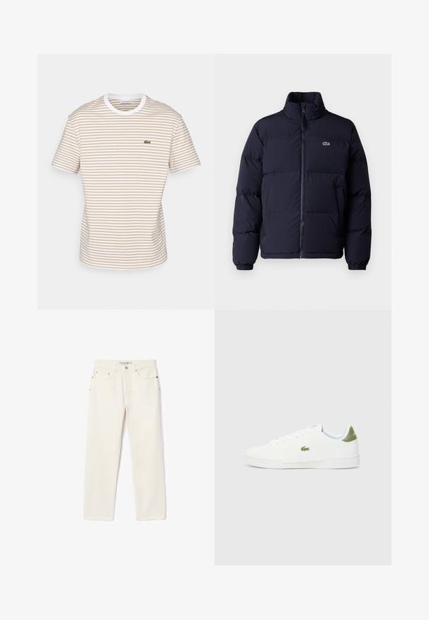 Casaco puffer azul-marinho com um colarinho alto, fecho de zíper e punhos elásticos. Apresenta um pequeno logótipo verde no lado superior esquerdo do peito.; Lacoste T-shirt estampada - viennese/white; Jeans de denim de cor creme com corte reto, apresentando dois bolsos frontais, um fecho com botão e uma marcação subtil perto da cintura.; Tênis brancos com uma textura suave, apresentando um detalhe verde no calcanhar e um pequeno logotipo de crocodilo bordado na lateral.