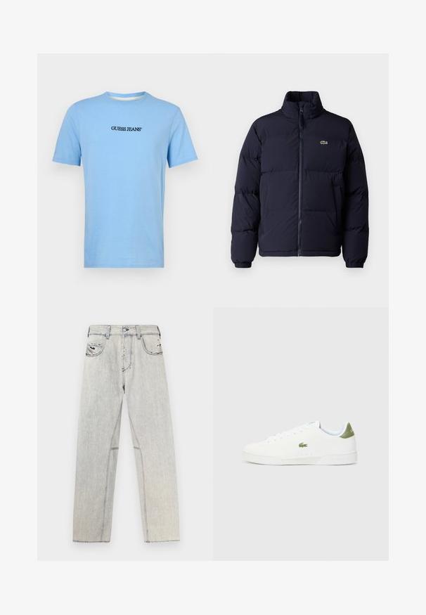 Casaco puffer azul-marinho com um colarinho alto, fecho de zíper e punhos elásticos. Apresenta um pequeno logótipo verde no lado superior esquerdo do peito.; T-shirt de algodão azul-claro com mangas curtas e decote redondo, apresentando um logo preto "GUESS JEANS" centralizado na frente.; Jeans de ganga azul claro com corte recto, com costuras contrastantes, dois bolsos frontais e detalhes desfiados no tecido.; Tênis brancos com uma textura suave, apresentando um detalhe verde no calcanhar e um pequeno logotipo de crocodilo bordado na lateral.