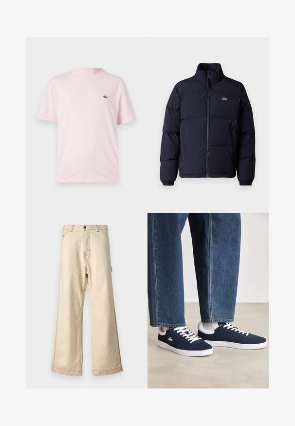 Temno modra puffer jakna z visokim ovratnikom, zadrgo in elastičnimi manšetami. Ima majhen zelen logotip na zgornjem levem prsnem delu.; Svetlo roza bombažna majica s kratkimi rokavi. Ima majhen zeleni vezen logotip na levi strani prsnega koša. Oblikovanje z okroglim izrezom.; Bež široke hlače iz bombaža z zadrgo in gumbom, ki se ponašajo z kontrastnim šivanjem in stranskimi žepi.; Modri platneni športniki z belimi vezalkami in gumijastimi podplati, prikazani z jeans hlačami in sivimi rebrastimi nogavicami, na svetlo sivi površini.