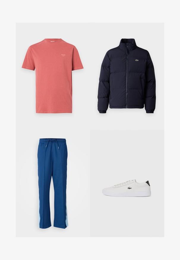 Granatowa kurtka puchowa z wysokim kołnierzem, zapinana na zamek, z elastycznymi mankietami. Posiada małe zielone logo na górnej części lewej piersi.; Czerwona bawełniana koszulka z krótkim rękawem i okrągłym dekoltem, z małym logo marki na górnej lewej części klatki piersiowej. Gładka tekstura.; Granatowe spodnie sportowe wykonane z miękkiej tkaniny, z elastycznym paskiem na sznurku i jasnoniebieskimi bocznymi panelami z delikatnym wzorem.; Białe skórzane sneakersy z okrągłym noskiem, sznurowanym przodem i czarnym akcentem na pięcie. Posiadają małe wyszywane logo krokodyla po boku.