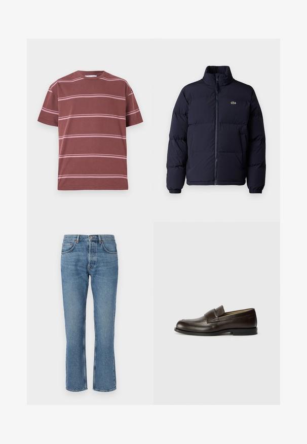 Jachetă puf navy blue cu guler înalt, închidere cu fermoar și manșete elastice. Prezintă un mic logo verde pe partea stângă a pieptului.; Tricou bordo cu dungi orizontale roz, guler rotund, mâneci scurte și o croială relaxată. Fabricat dintr-un material moale din bumbac.; Blugi din denim bleu deschis, cu croială dreaptă, design cu cinci buzunare și cusături contrastante. Materialul are o textură moale și o ușoară decolorare.; Calvin Klein Pantofi slip-on - cocoa brown