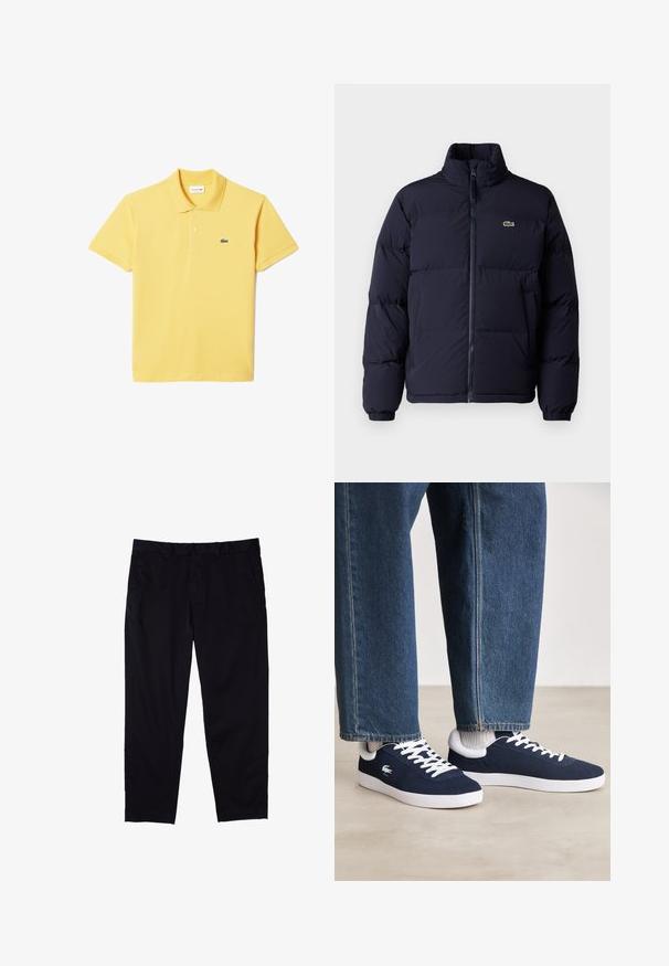 Abrigo puffer azul marino con cuello alto, cierre de cremallera y puños elásticos. Presenta un pequeño logo verde en la parte superior izquierda del pecho.; Camisa polo amarilla de algodón, con cuello, mangas cortas y un pequeño logotipo bordado en verde en el lado izquierdo del pecho. Textura suave.; Pantalones negros de algodón con diseño de pierna recta, que cuentan con cierre de botón, bolsillos laterales y una textura suave.; Zapatillas de lona azules con cordones blancos y suelas de goma, mostradas con pantalones de mezclilla y calcetines de canalé grises, sobre una superficie gris claro.