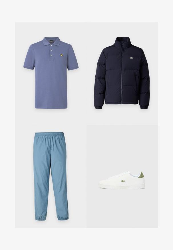 Giacca piumino blu navy con collo alto, chiusura con zip e polsini elasticizzati. Presenta un piccolo logo verde sul lato sinistro del petto.; Polo in cotone celeste con colletto classico, chiusura con tre bottoni e ricamo del logo giallo sul petto a sinistra.; Pantaloni blu, leggeri, con vita elasticizzata, gamba a sigaretta e polsini elasticizzati; presentano un piccolo logo sul lato. Materiale liscio e resistente all'acqua.; Sneakers bianchi con una texture liscia, caratterizzate da un accento verde sul tallone e un piccolo logo ricamato a forma di coccodrillo sul lato.