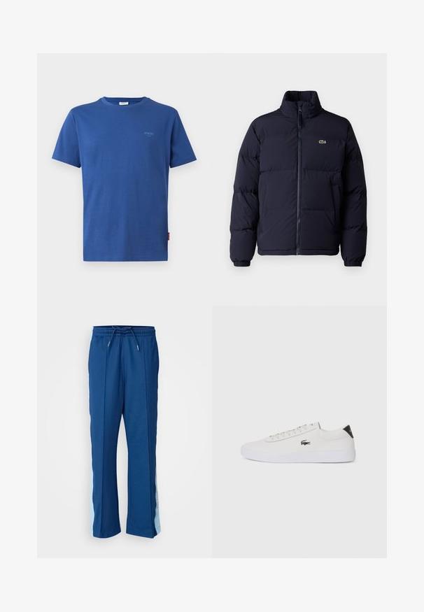 Ναυτικό μπλε μπουφάν με επένδυση, ψηλό γιακά, κλείσιμο με φερμουάρ και ελαστικούς μανσέτες. Διαθέτει μικρό πράσινο λογότυπο στην επάνω αριστερή πλευρά του στήθους.; Μπλε κοντομάνικο t-shirt φτιαγμένο από βαμβάκι με στρογγυλή λαιμόκοψη. Διαθέτει ένα μικρό, ανοιχτό μπλε λογότυπο στο στήθος και μια ετικέτα στη πλευρά.; Σκούρο μπλε αθλητικά παντελόνια φτιαγμένα από μαλακό ύφασμα, με ελαστική μέση και ανοιχτό μπλε πλαϊνές λωρίδες με διακριτό σχέδιο.; Λευκό δερμάτινο sneakers με στρογγυλή μύτη, κορδόνια μπροστά και μαύρη λεπτομέρεια στη φτέρνα. Διαθέτει ένα μικρό κεντημένο λογότυπο κροκοδείλου στο πλάι.
