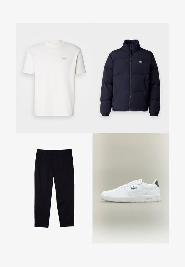 Abrigo puffer azul marino con cuello alto, cierre de cremallera y puños elásticos. Presenta un pequeño logo verde en la parte superior izquierda del pecho.; Camiseta de algodón blanca con cuello redondo y mangas cortas, que presenta un pequeño logo de Calvin Klein en un color contrastante en el pecho.; Pantalones negros de algodón con diseño de pierna recta, que cuentan con cierre de botón, bolsillos laterales y una textura suave.; Zapatilla de cuero blanca con un acabado suave, acentos verdes en el talón y un logotipo verde en el lateral. Presenta una suela plana y una puntera redonda.