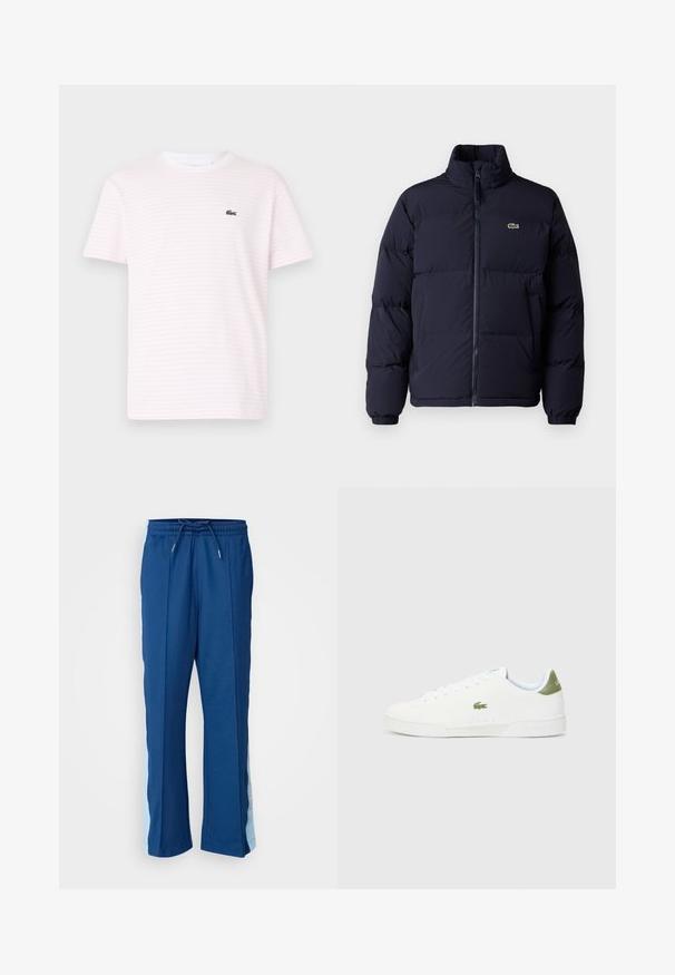 Sötétkék steppelt kabát magas gallérral, cipzáros záródással és elasztikus mandzsettákkal. A bal felső mellrészen egy kis zöld logó található.; Csíkos rövidujjú póló világos rózsaszín és fehér színben, kerek nyakkivágással és egy kis zöld krokodil logóval a mellkason.; Sötétkék sportnadrág puha anyagból, húzózsinórral ellátott derékrésszel és világoskék oldalsó panelekkel, finom mintázattal.; Fehér sportcipő sima textúrával, zöld akcentussal a sarkán, és egy kis hímzett krokodil logóval az oldalán.