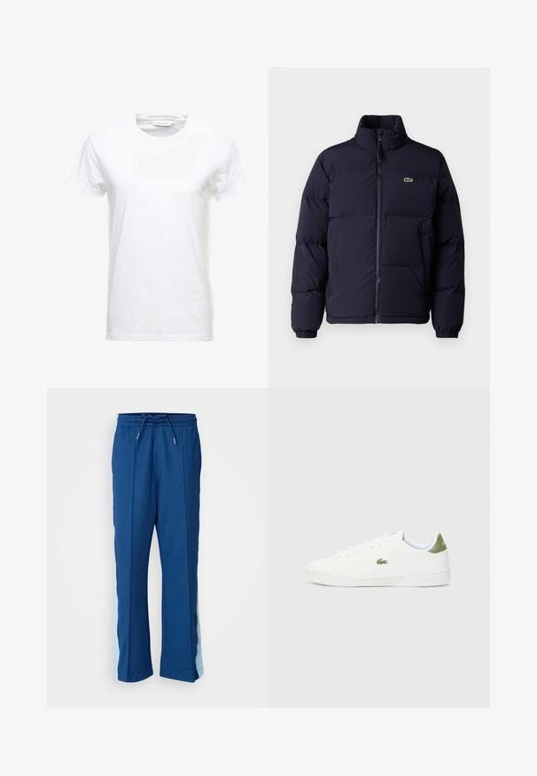 Námornícka modrá puffová bunda s vysokým golierom, zipsom a elastickými manžetami. Obsahuje malé zelené logo na hornej ľavej časti hrudi.; Biela bavlnená tričko s krátkymi rukávmi, s dizajnom okrúhleho výstrihu a hladkou textúrou. Označenie viditeľné pri výstrihu. Jednoduchý a klasický štýl.; Svetlomodré športové nohavice námorníckej modrej farby vyrobené z jemného materiálu, s elastickým pásom so šnúrkou a svetlomodrými bočnými panelmi s jemným vzorom.; Biele tenisky s hladkým povrchom, s zeleným akcentom na päte a malým vyšitým logom krokodíla na boku.