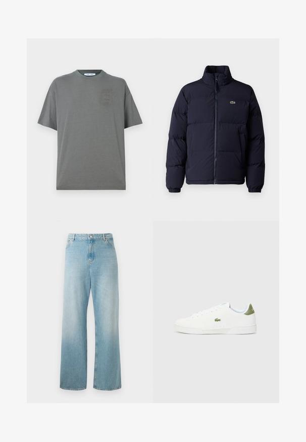 Casaco puffer azul-marinho com um colarinho alto, fecho de zíper e punhos elásticos. Apresenta um pequeno logótipo verde no lado superior esquerdo do peito.; T-shirt de algodão cinza com um decote redondo, mangas curtas e um pequeno logótipo discreto na frente. Design simples com um corte relaxado.; Casacos de ganga de perna larga, azul claro. Apresenta uma cintura alta, bolsos frontais e uma bainha limpa. Textura suave com um acabamento desbotado.; Tênis brancos com uma textura suave, apresentando um detalhe verde no calcanhar e um pequeno logotipo de crocodilo bordado na lateral.