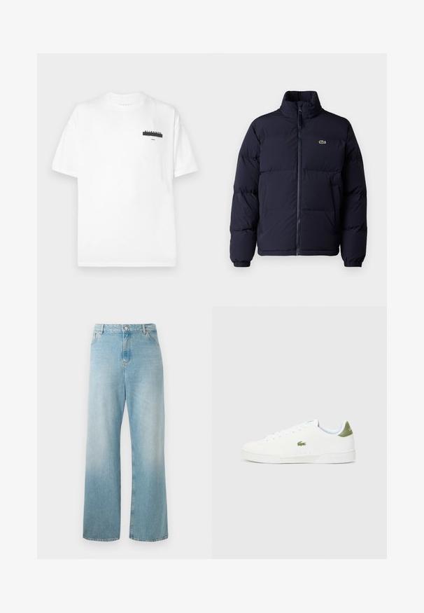 Ναυτικό μπλε μπουφάν με επένδυση, ψηλό γιακά, κλείσιμο με φερμουάρ και ελαστικούς μανσέτες. Διαθέτει μικρό πράσινο λογότυπο στην επάνω αριστερή πλευρά του στήθους.; Λευκό βαμβακερό μπλουζάκι με στρογγυλή λαιμόκοψη, κοντά μανίκια και μίνιμαλ μαύρη γραφική εκτύπωση στο στήθος. Μαλακή υφή και κανονική εφαρμογή.; Ανοιχτό μπλε τζιν παντελόνι σε φαρδιά γραμμή, φτιαγμένο από ντένιμ. Διαθέτει ψηλή μέση, μπροστινές τσέπες και καθαρό στρίφωμα. Μαλακή υφή με ξεθωριασμένο φινίρισμα.; Λευκά αθλητικά παπούτσια με λεία υφή, που διαθέτουν πράσινη λεπτομέρεια στη φτέρνα και ένα μικρό ραμμένο λογότυπο κροκοδείλου στο πλάι.