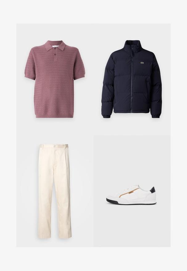 Tumedat sinine puffjaket kõrge krae, lukuga kinnine ja elastsete mansettidega. Üksikasjades on väike roheline logo vasakul rinnal.; Lühikeste varrukatega polo särk heleses violetis, millel on tekstuuriga seinakujundus, terav krae ja kaks nööpi nööbiliistul. Pehme kudumaterjal.; Beesidised puuvillased püksid sirge jala lõikega, mis on varustatud nööpkinnituse ja ees olevate voltidega, et lisada detaili.; Valged sportlikud jalatsid, millel on võrkkangas ja nahkdetailid. Omab kuldset "BOSS" logo, tekstureeritud külgpaneele ja musta kontsakaant. Kummist tallad.