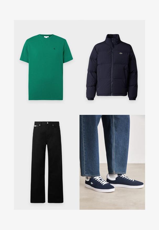 Tums zila pūkaini jaka ar augstu apkakli, ar rāvējslēdzēju un elastīgām piedurknēm. Pieder neliela zaļa logo augšējā kreisajā krūtīs.; Zaļš īsroku krekliņš ar apaļu izdilumu, uz kura kreisajā krūtī ir neliels melns "cK" logo, vienkāršs fons.; Melni džinsi ar platajiem bikšu dizainu, ar piecām kabatām un metāla pogām. Gluda tekstūra, bez redzamām rakstu detaļām.; Zili auduma sporta apavi ar baltām stīgām un gumijas zolēm, izlikti kopā ar džinsiem un pelēkām ribotām zeķēm, uz gaiši pelēka pamata.