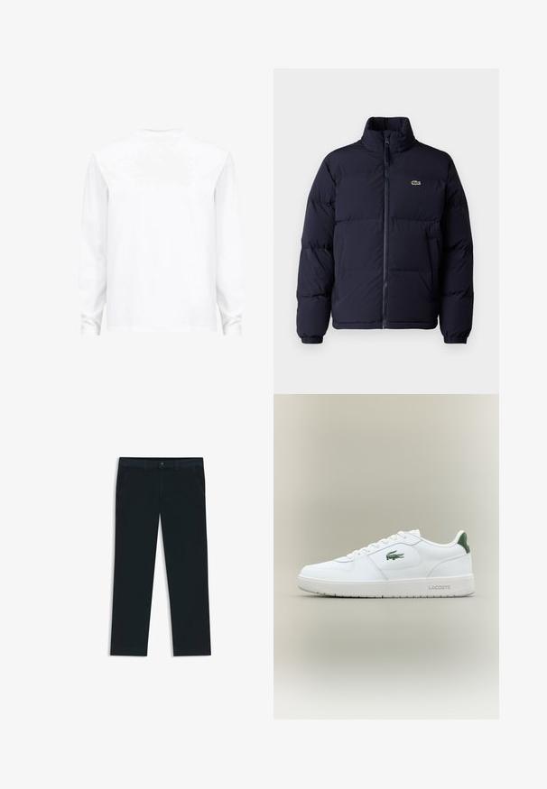 Marineblauer Daunenjacke mit hohem Kragen, Reißverschluss und elastischen Bündchen. Auf der oberen linken Brust befindet sich ein kleines grünes Logo.; AllSaints CREW - Langarmshirt - white; Dunkelblaue Chinos aus einer Baumwollmischung. Merkmale sind Gürtelschlaufen, Vordertaschen und ein Reißverschluss mit Knopfverschluss.; Weiße Leder-Sneaker mit glatter Oberfläche, grünen Akzenten an der Ferse und einem grünen Logo an der Seite. Verfügt über eine flache Sohle und eine runde Zehenform.