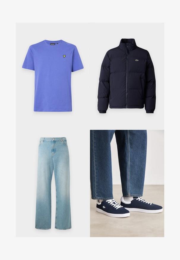 Temno modra puffer jakna z visokim ovratnikom, zadrgo in elastičnimi manšetami. Ima majhen zelen logotip na zgornjem levem prsnem delu.; Majica s kratkimi rokavi iz svetlo vijolične bombažne tkanine, z okroglim izrezom in majhnim rumenim izvezenim logotipom na levem prsnem delu.; Svetlo modri široki jeans iz denima. Imajo visok pas, sprednje žepe in čist rob. Mehka tekstura z izbledelim koncem.; Modri platneni športniki z belimi vezalkami in gumijastimi podplati, prikazani z jeans hlačami in sivimi rebrastimi nogavicami, na svetlo sivi površini.