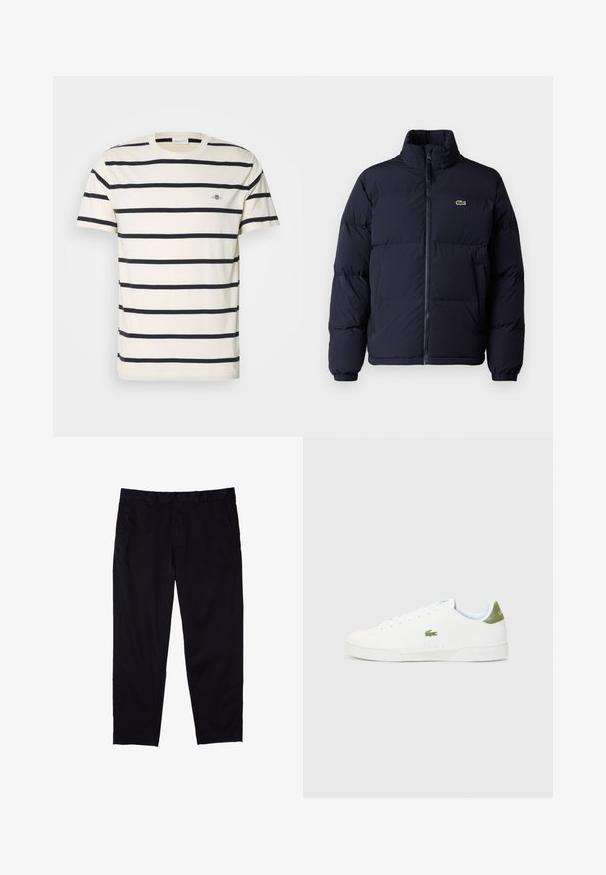 Abrigo puffer azul marino con cuello alto, cierre de cremallera y puños elásticos. Presenta un pequeño logo verde en la parte superior izquierda del pecho.; Camiseta de manga corta para hombre en color crema con rayas horizontales en navy, hecha de algodón, con un cuello redondo y un pequeño logo en el pecho.; Pantalones negros de algodón con diseño de pierna recta, que cuentan con cierre de botón, bolsillos laterales y una textura suave.; Zapatillas blancas con una textura suave, que presentan un acento verde en el talón y un pequeño logo de cocodrilo bordado en el lateral.