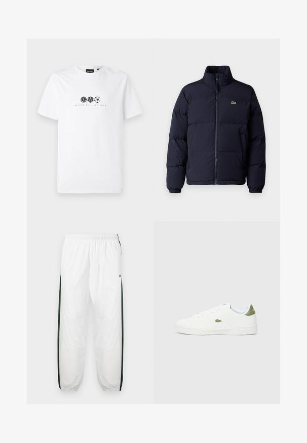 Tumedat sinine puffjaket kõrge krae, lukuga kinnine ja elastsete mansettidega. Üksikasjades on väike roheline logo vasakul rinnal.; Valge puuvillane t-särk, millel on trükitud graafika kolmest erinevast spordipallists ja tekst "Kaitstes alates 1874" allpool.; Valged sportpüksid tumeroheline külgpanelitega. Kerge materjal, elastne vöökoht ja mansetid. Külgpanelitel on võrkmuster.; Valged tossud siledast materjalist, millel on roheline aktsent kannaosas ja väike tikandiga krokodillilogo külgedel.