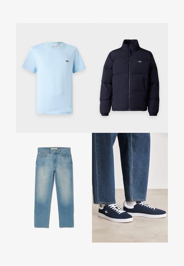 Námornícka modrá puffová bunda s vysokým golierom, zipsom a elastickými manžetami. Obsahuje malé zelené logo na hornej ľavej časti hrudi.; Svetlomodré bavlnené tričko s krátkymi rukávmi, s okrúhlym výstrihom a zeleno-bielym prúžkovaným lemovaním, a malou vyšitou nášivkou na hrudi.; Svetlo modré denimové džínsy so strihom rovného nohu, piatimi vreckami a mierne vyblednutým vyhotovením. Obsahujú strieborné kovania a označenie pásu so značkou.; Modré plátené tenisky s bielymi šnúrkami a gumovými podrážkami, vystavené spolu s džínsovými nohavicami a šedými rebrovanými ponožkami na svetlosivom povrchu.